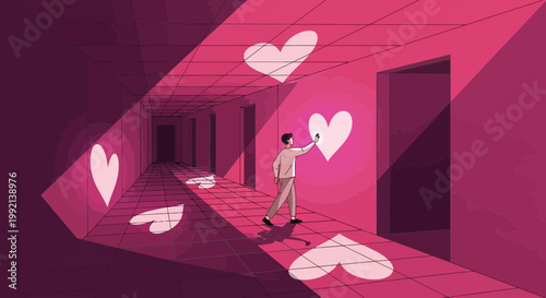Man in Hallway with Hearts, Digital Love, Virtual Romance, Online Dating Concept