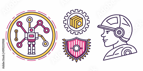 A vector graphic illustration of a futuristic robot and technology icons in a flat minimal design style