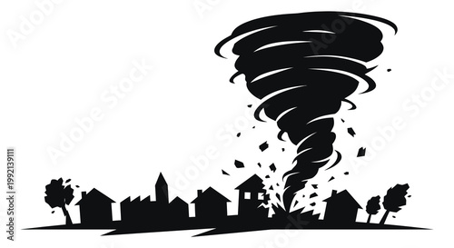 A destructive tornado looms over a town in striking silhouette