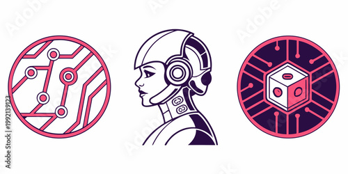 A vector graphic illustration of a robot holding a gun standing next to a video game controller and a joystick with a wireless signal icon