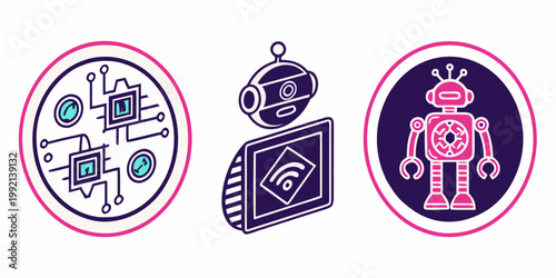 A futuristic cityscape with a robot skateboarder and UFOs in a neon-lit urban environment