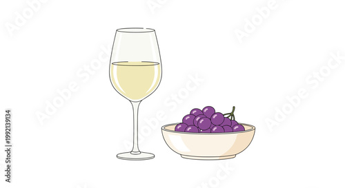 A tall elegant glass of pale white wine stands beside a simple cream-colored bowl filled with a cluster of ripe purple grapes on a clean white background.
