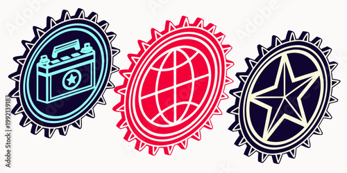 A vector graphic illustration of three battery charger icons in different colors and designs