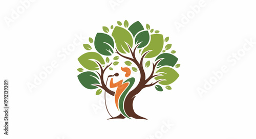 Stylized tree with a person singing into a microphone
