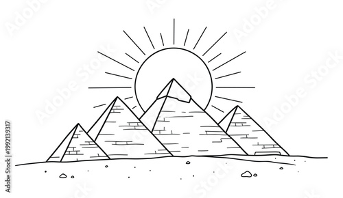 Hand-drawn outline of Egyptian pyramids with sun and rays on a transparent background.