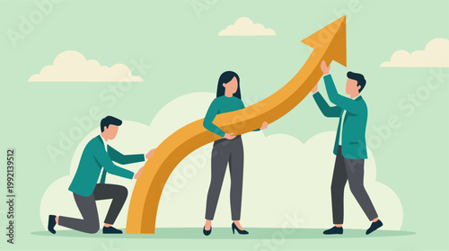 Business team collaborating to achieve growth and success, lifting an upward arrow