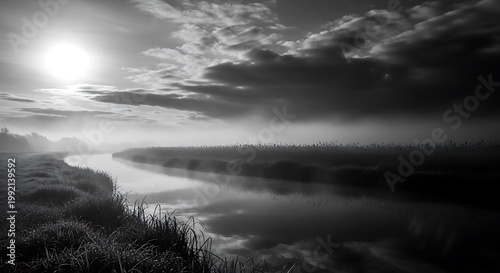 Dramatic misty sunrise over serene wetlands with soft golden light and moody atmosphere