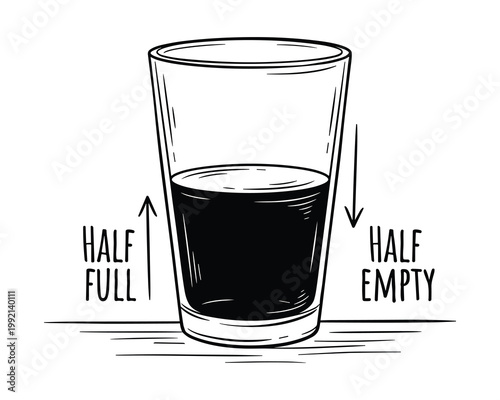 optimism vs pessimism half full or half empty glass illustration.