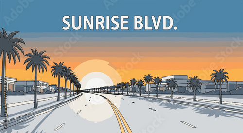 Sunrise boulevard with palm trees and sunset in a stylized illustration