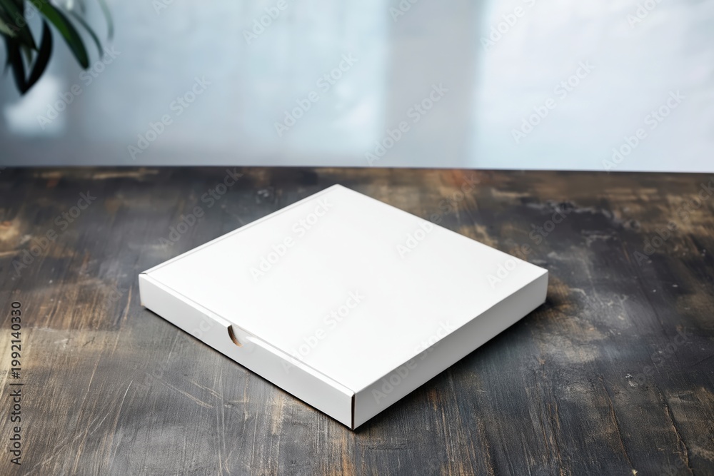 Fototapeta premium Branded box on table with light setup and space