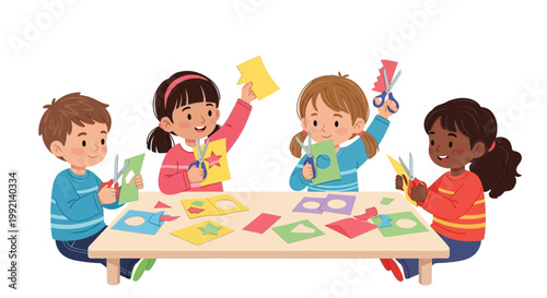 Children doing crafts at table, cutting paper, learning, creativity, fun activity