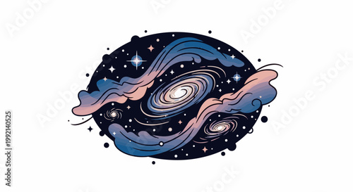 Swirling galaxies and cosmic clouds fill a dark, star-speckled oval