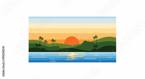Tropical sunset over calm ocean with palm trees on rolling hills