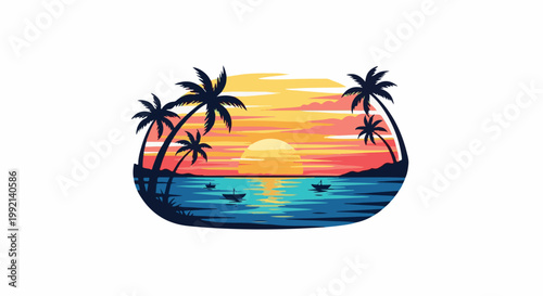 Tropical sunset with palm trees and boats on ocean waves