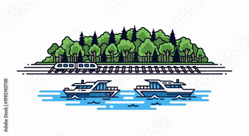 Two boats on water below train tracks and a forest