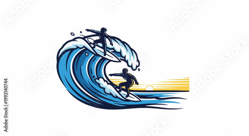 Two surfers ride a large ocean wave during a vibrant sunset