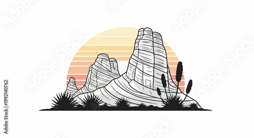 Stylized desert rock formations rise against a sunset