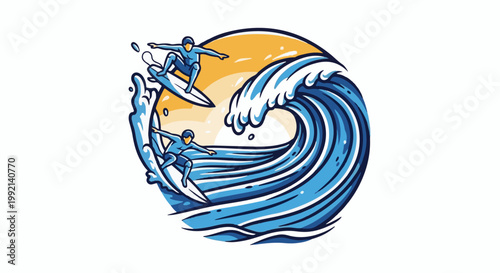 Two surfers ride a massive wave under a setting sun