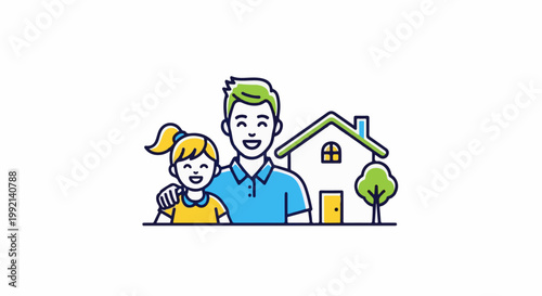 Smiling father and daughter in front of a house with a tree