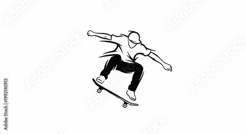 Stylized illustration of a skateboarder mid-air, performing a trick