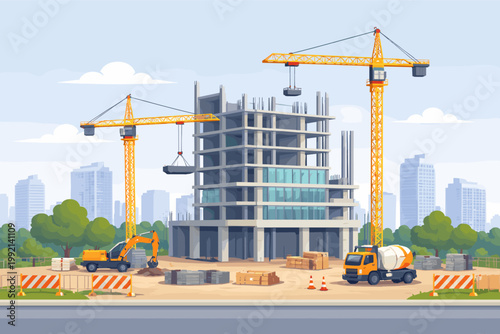 Modern Building Construction Site Illustration with Yellow Tower Cranes, Excavator, Concrete Mixer Truck, and Architectural Structure Framework against an Urban City Skyline Background.