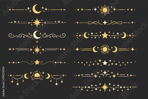 Set of Celestial Borders and Simple Ornaments Dividers with Stars Crescent Moon and Sun. Magic Mystical Decorative Elements for Astrology, Esoteric Design, and Bohemian Stationery. Hand Drawn.