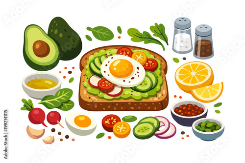 Healthy Avocado Toast with Fried Egg and Fresh Ingredients Vector Illustration, Featuring Sliced Avocado, Cherry Tomatoes, Cucumber, Radish, Lemon, Spices, and Olive Oil for Nutritious Breakfast.