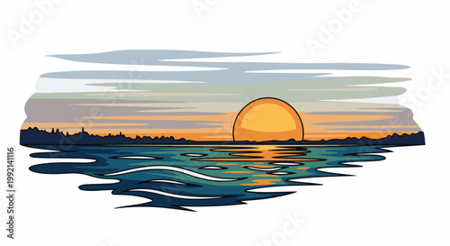 Vivid sunset over tranquil water with distant treeline