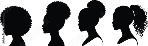 Silhouette set of diverse women hairstyles including afro, bun, and ponytail showcasing natural hair beauty and feminine profile diversity