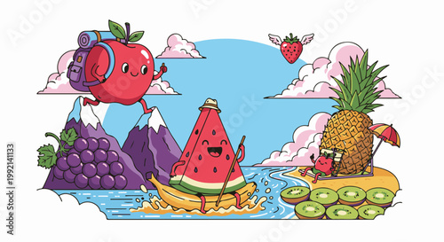 Whimsical fruits embark on adventures mountain climbing, river rafting, and beach relaxation