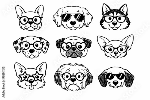 Vector Illustration of Cute Dog Faces Wearing Glasses Line Icon Set in Hand Drawn Doodle Style, Funny Canine Characters with Sunglasses and Eyewear for Pet Lovers and Creative Graphic Designs.