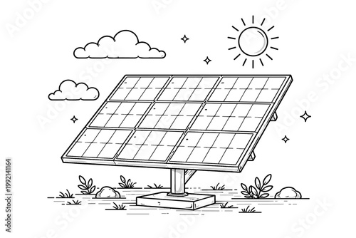 Detailed black and white line drawing of a modern solar energy panel system under the sun and clouds, perfect for educational materials, coloring pages, and environmental sustainability themes.