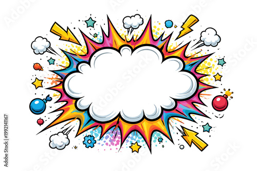 Colorful Comic Book Style Explosion Burst with Blank White Speech Bubble Cloud for Text, Pop Art Vector Illustration with Lightning Bolts, Stars, and Halftone Dots on Isolated White Background