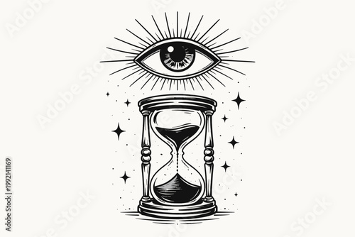 Mystical Eye of Providence and Vintage Hourglass Ink Sketch Illustration, Esoteric Symbolism of Time and Vision, Hand-Drawn Occult Celestial Art for Tattoo Design, Alchemy and Spiritual Concept Art