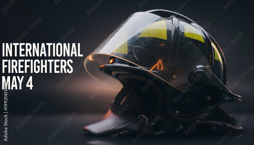 Fototapeta premium Firefighter helmet reflecting flames with international firefighters day may 4 text