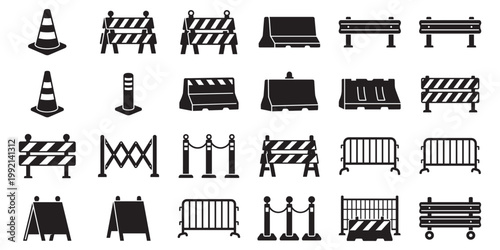 Construction barrier and traffic cone icon. Construction barrier and traffic cone illustration set featuring warning signs, safety barricades, and caution elements for roadwork designs. Vector Illustr