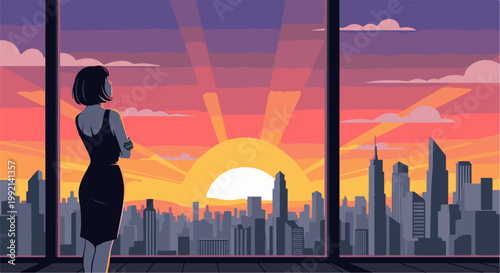 Woman in silhouette watches a pixelated cityscape sunset through a large window
