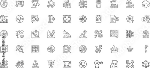 Artificial intelligence and disaster management monitoring line icon set