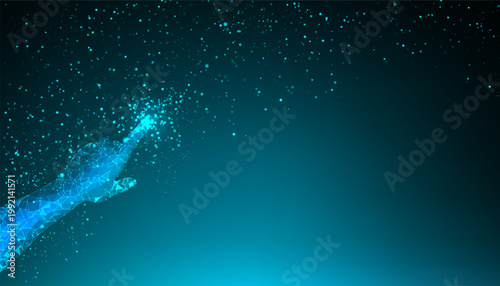 Digital hand emerging from glowing particles on blue background