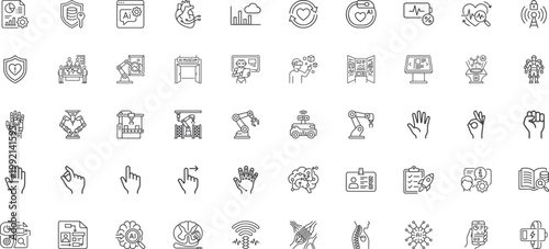 Human computer interaction and medical healthcare technology line icon set