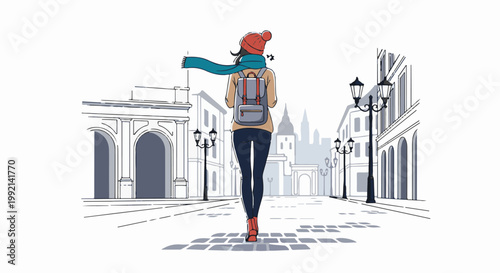 Young woman in winter attire walks down cobblestone street, city buildings