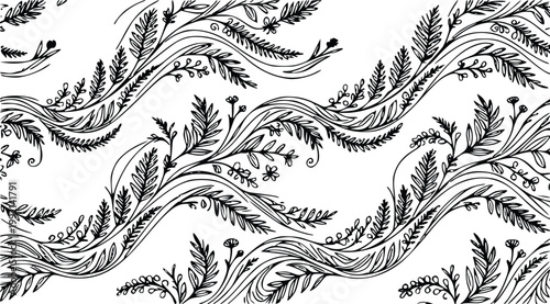 Black and white hand-drawn floral vine illustration with organic flowing branches and delicate botanical elements, seamless pattern design