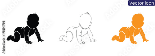 Crawling baby icons in black, Line art, And orange on white background