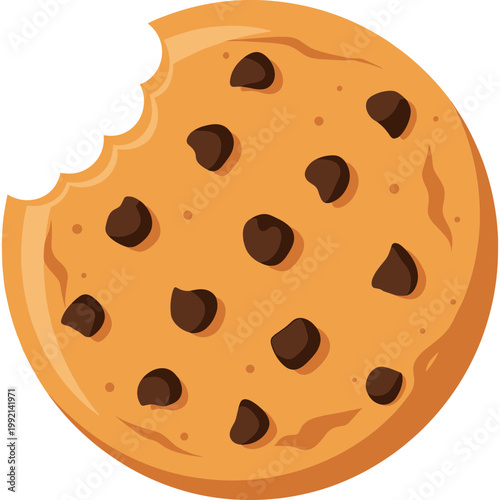 A bitten chocolate chip cookie is displayed on a table indoors.