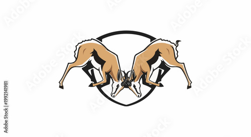 Two antelopes with horns locked in a combat pose