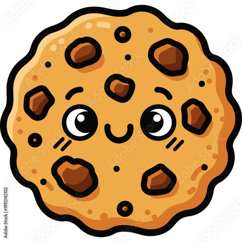 A cartoon chocolate chip cookie with a smiling face looks happy on a plate