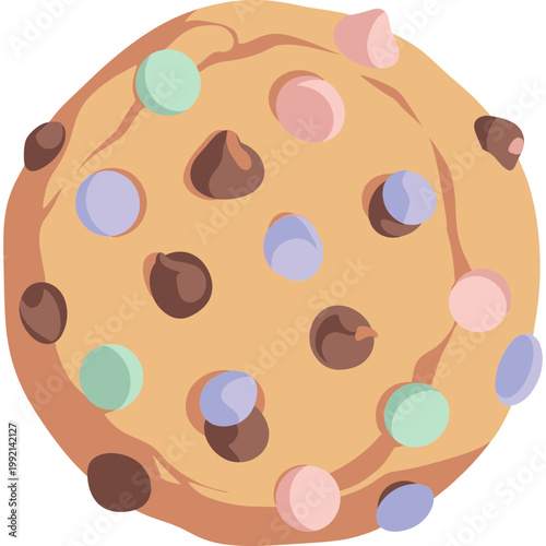 A delicious cookie with colorful candy pieces on top is displayed.