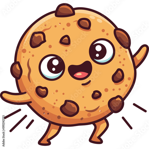 A cartoon chocolate chip cookie character dancing with excitement outdoors