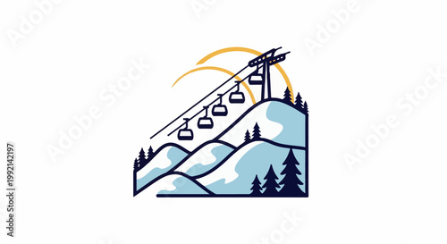 Stylized ski lift ascends snowy, tree-lined mountains under a sun