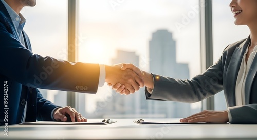 Professional business partners shaking hands in modern office with city view